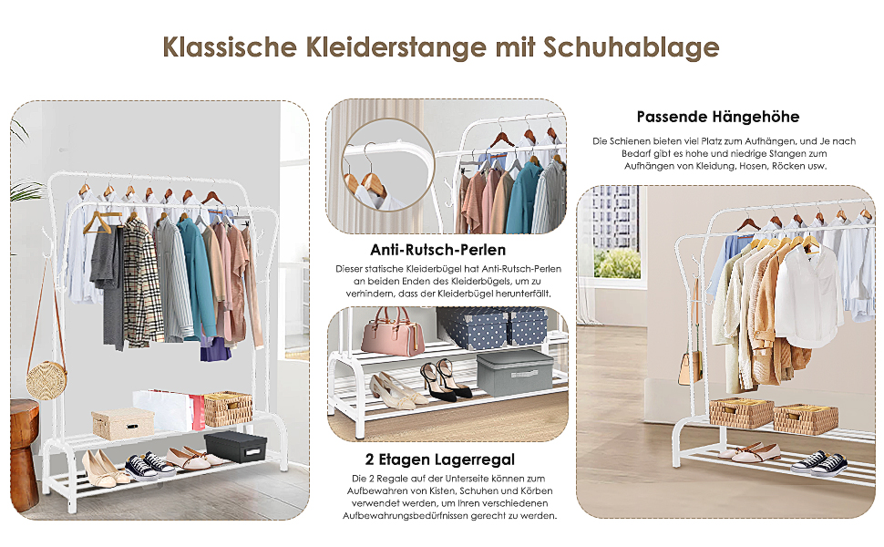 Стійка для одягу на підлозі з металу з полицею для взуття та нижньою полицею, для спальні. Металева стійка для одягу з подвійними вішалками (біла)