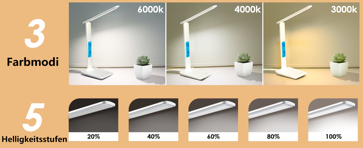 LED настільна лампа з бездротовою зарядкою та USB-портом, диммування, годинник, 3 режими освітлення, Tx26cwhite-eu