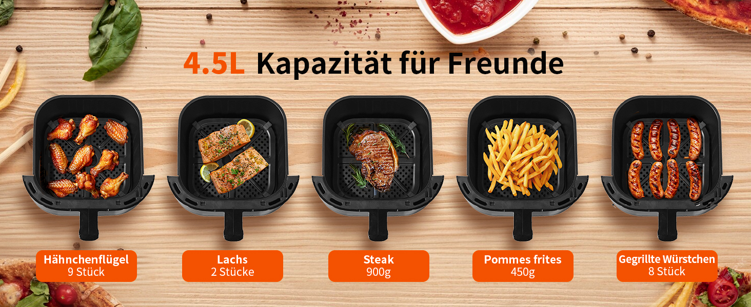 TOKIT Фритюрниця повітряна 1500W, 4.5L, 10 функцій, 360° циркуляція, низький вміст жиру, швидка приготування, компактна (чорний)