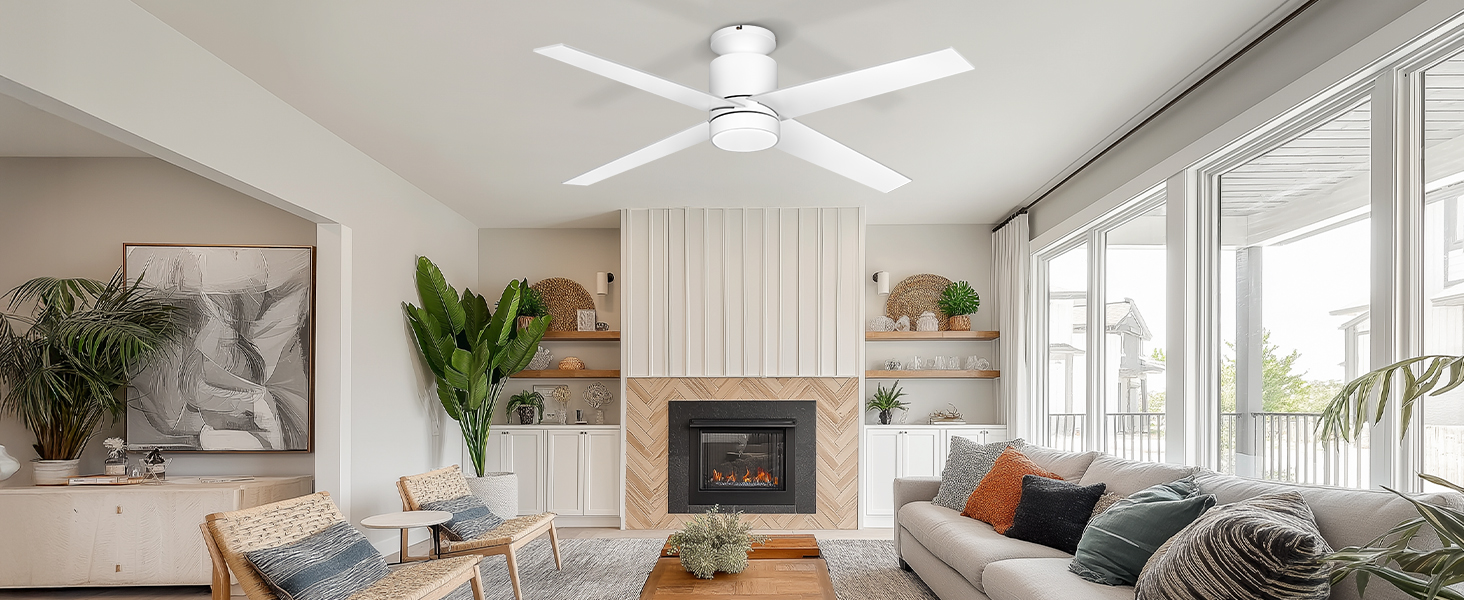 Стеляний вентилятор Ohniyou з підсвіткою та пультом дистанційного керування, 96,5 см (38 дюймів), з керуванням через додаток, тихий, з регулюванням яскравості, для спальні, тераси, внутрішнього та зовнішнього використання (білий, сучасний)