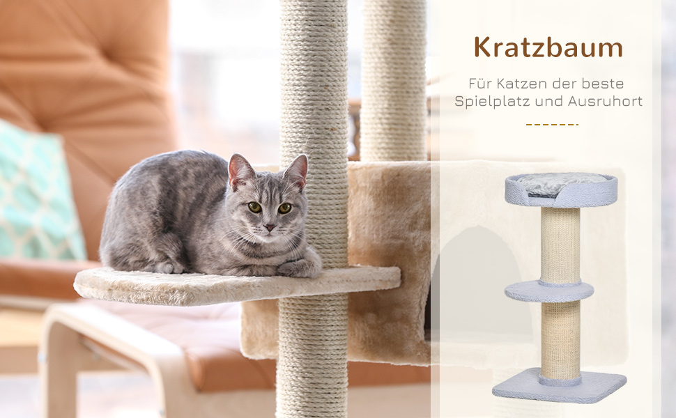 PawHut Когтеточка для котів 91 см, з лежаком, ігровий комплекс для котів до 5 кг, сизаль і штучна овеча шерсть, світло-блакитна