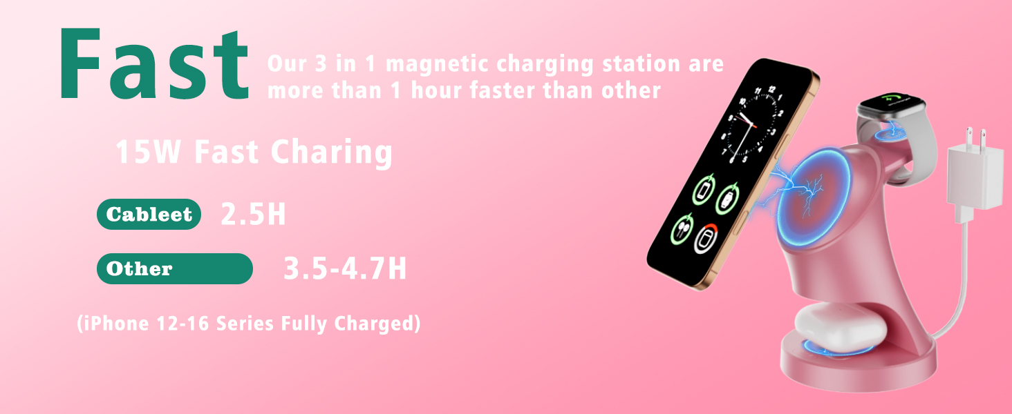 3-в-1 Мережевий Зарядний Пристрій MagSafe, Бездротова Зарядка для iPhone 17/16/15/14/13/12/Plus/Pro Max/Mini, Apple Watch 9/8/7/6/SE/5/4/3/2, AirPods Pro/2/3 (Рожевий)