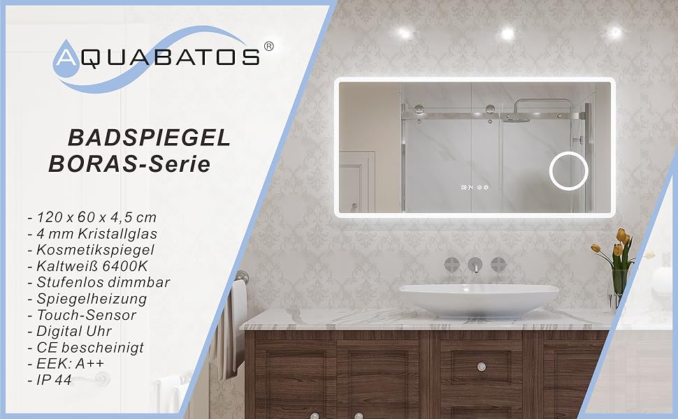 Дзеркало для ванної кімнати AQUABATOS 50x70 см LED з підсвічуванням, сенсорне керування, холодний білий світ, IP44, CE, енергозберігаюче, регульована яскравість (серія Boras)