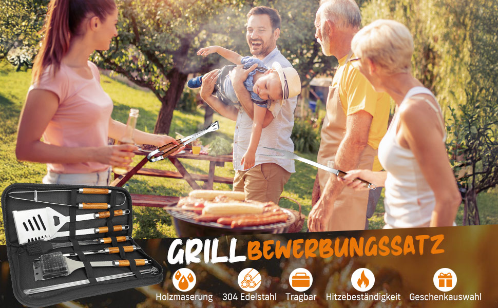 Набір гриль-посуду, 12 предметів, нержавіюча сталь, з кейсом, довговічні інструменти для барбекю, кемпінгу, професійний набір для грилю для чоловіків та жінок