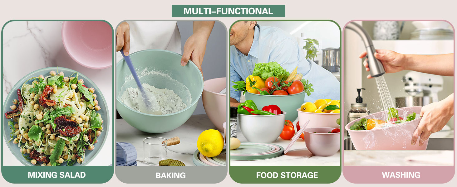Набір салатниць з кришкою, набір мисок для перемішування з пластику, складні миски для кухні, великий набір мисок, сервіровочні миски ідеальні для змішування та подачі, BPA-free, світло-сірий