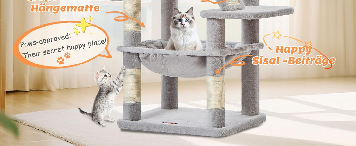 Кігтеточка для котів Taoqimiao MS026W 146 см - велика, стабільна, з 2 будиночками, гамаком, корзиною та 8 кігтеточками (світло-сірий)