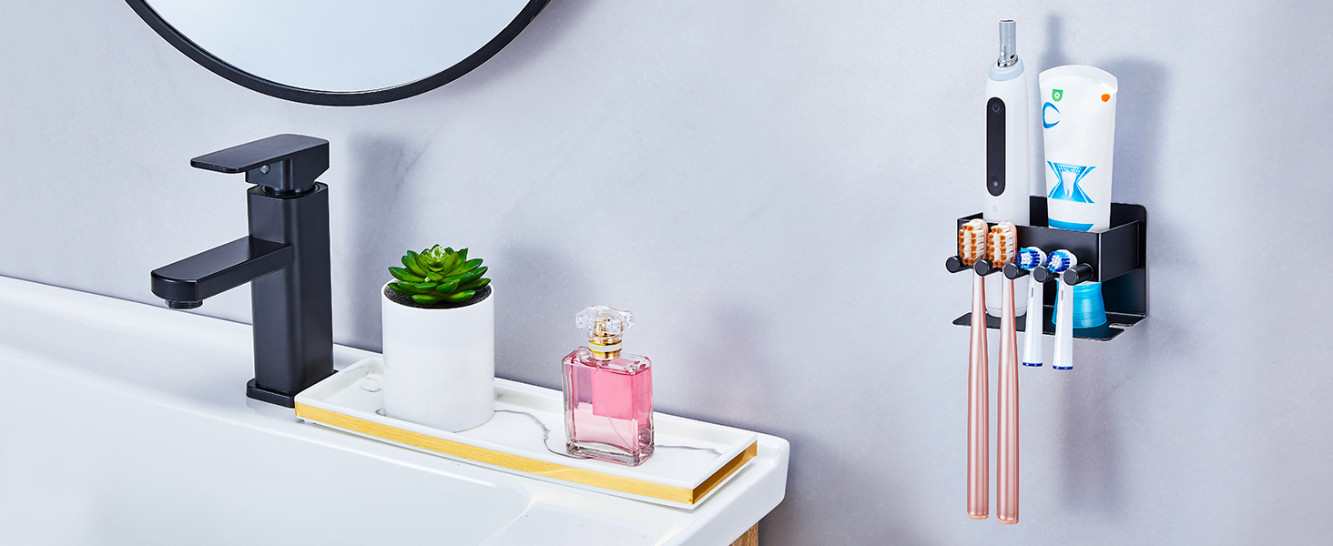 Настінний тримач для зубних щіток GGQ, для електричних та звичайних щіток, без свердління, самоклеючий, з органайзером для пасти, чорний