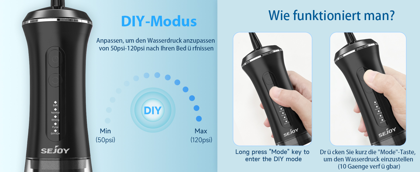 Електричний ірigator для порожнини рота Sejoy Munddusche з 5 режимами, 7 насадками, USB-C, водонепроникний IPX7, 350 мл, чорний