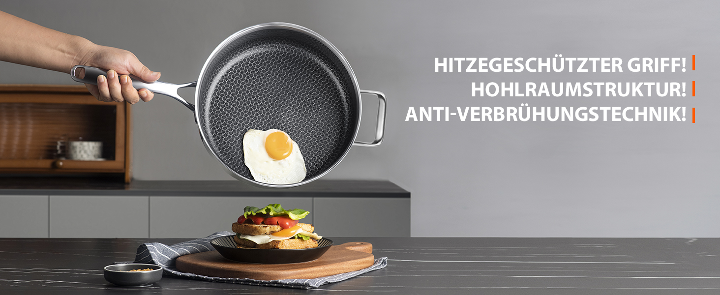 Сковорода з кришкою 26 см, антипригарне покриття Hybrid, холодна ручка, придатна для миття в посудомийній машині, без PFAS, PFOA та PTFE, термостійка до 260 °C, сумісна з усіма типами плит (WQ-D)