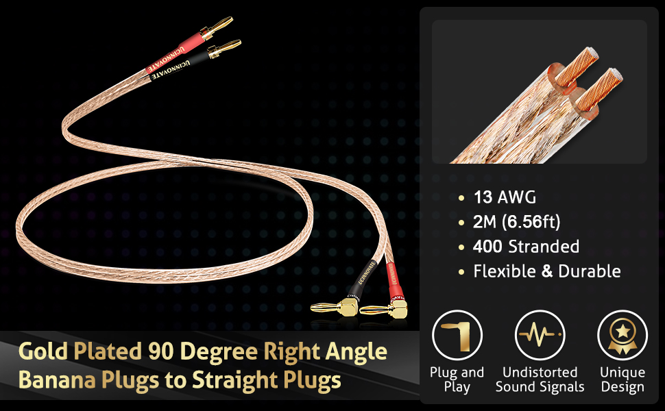 Акустичний кабель UCINNOVATE HiFi OFC 14AWG, 3м, з позолоченими роз'ємами (банановий штекер — Y-подібний затискач), 2 шт. для підсилювача та колонок