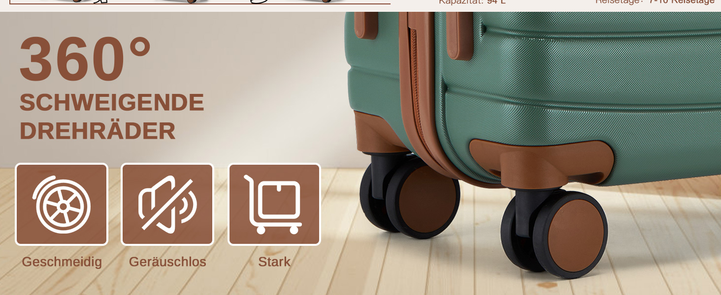 KONO Чемодан-валіза на коліщатках середнього розміру (66 см) з ABS+PC, з замком та подвійними колесами (Темно-зелений/Коричневий)