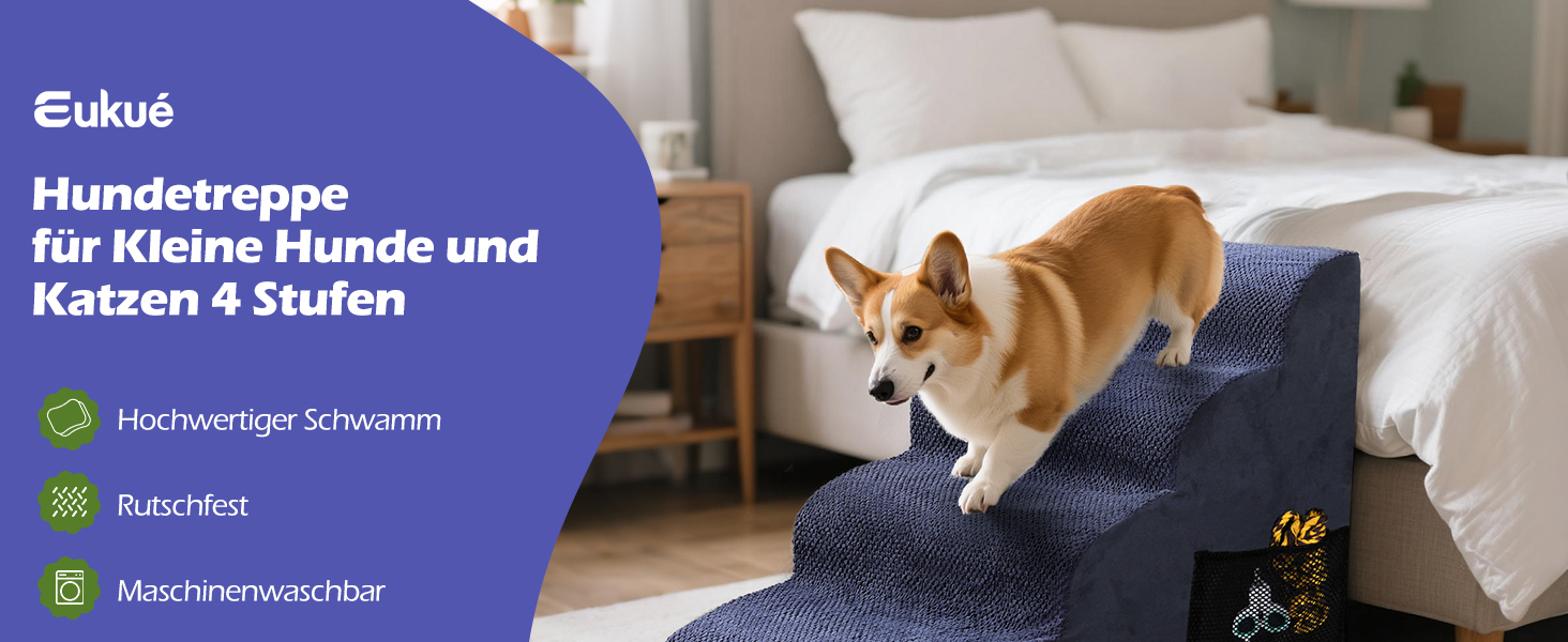 Сходинки для собак Eukue: 2/4 сходинки для маленьких собак до ліжка/дивану, з щільного пінополіуретану, портативні, знімний чохол (білий/синій)