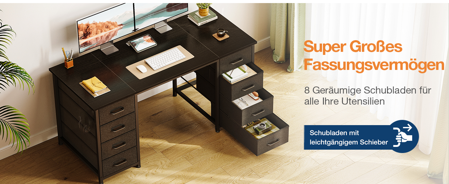 Комп'ютерний стіл Coleshome з 8 тканинними ящиками, 140x48 см, чорний | Стіл для офісу, дому, навчання