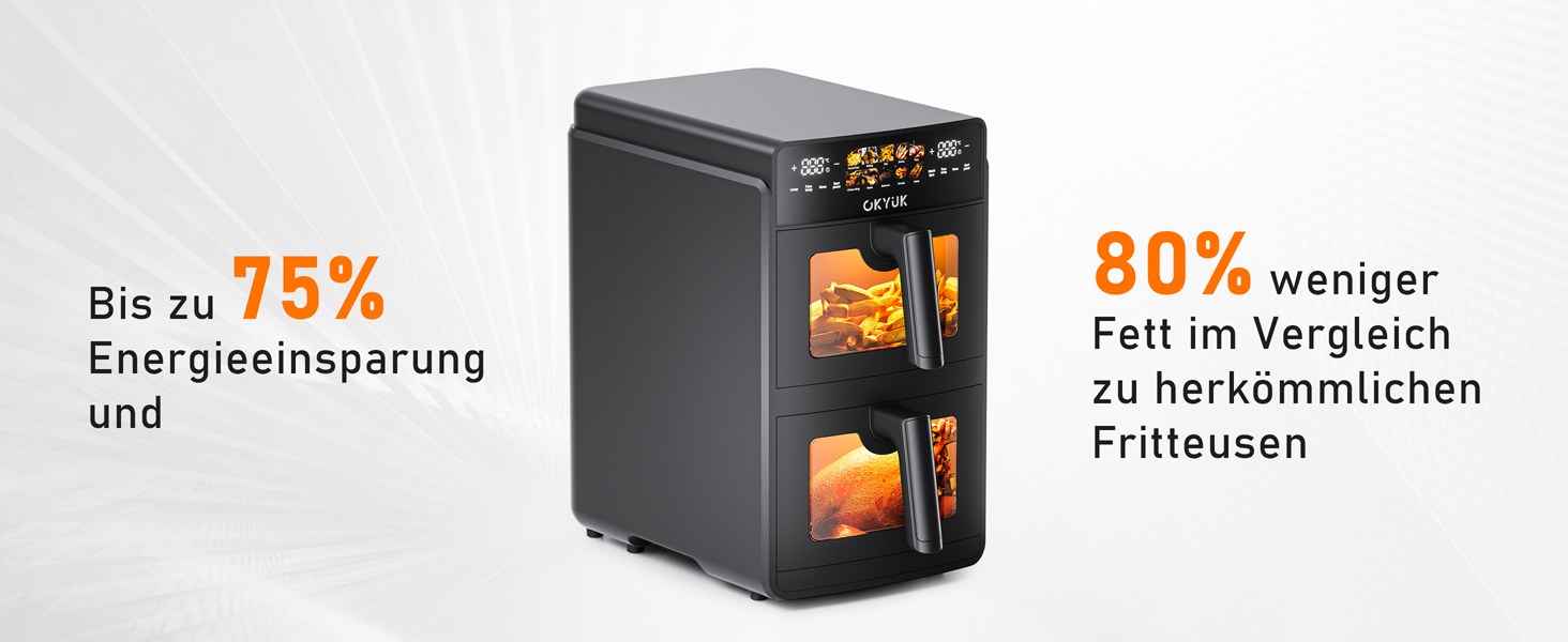 Фритюрниця без олії з 2 камерами на 10 літрів, Airfryer з 2 відсіками по 5л, тиха робота, 10 програм, приготування 2 страв одночасно, з оглядовим вікном, 3D циркуляція повітря