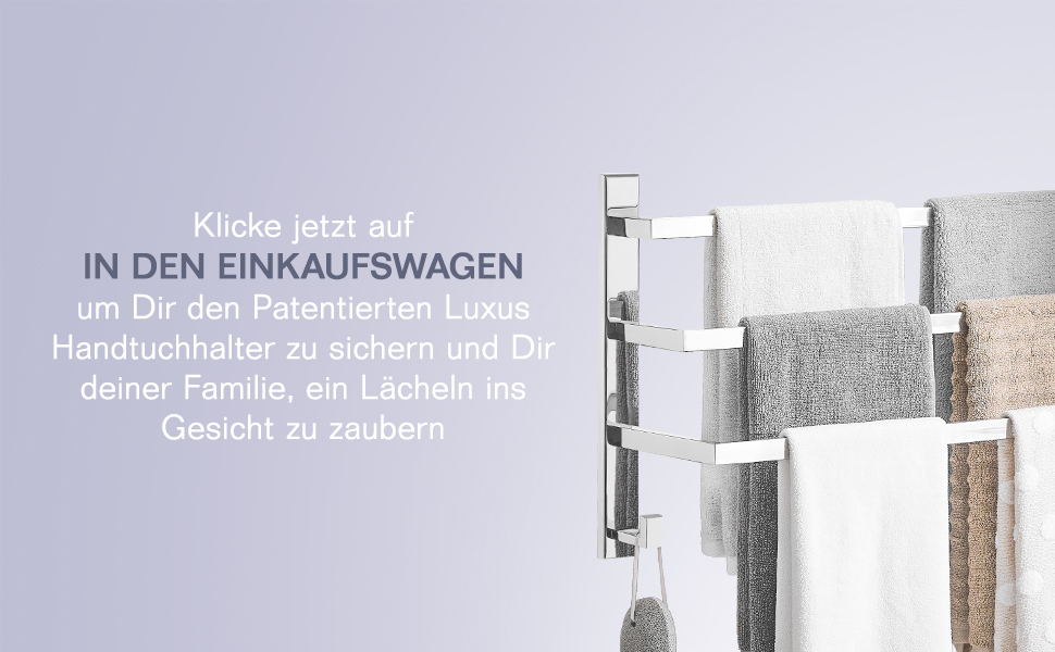 Тримач для рушників без свердління для ванної кімнати | Без бактерій | Прихований кріплення | Тримач рушників з гачками - нержавіюча сталь SUS 304, нержавіюча сталь, полірована | з дзеркальним покриттям