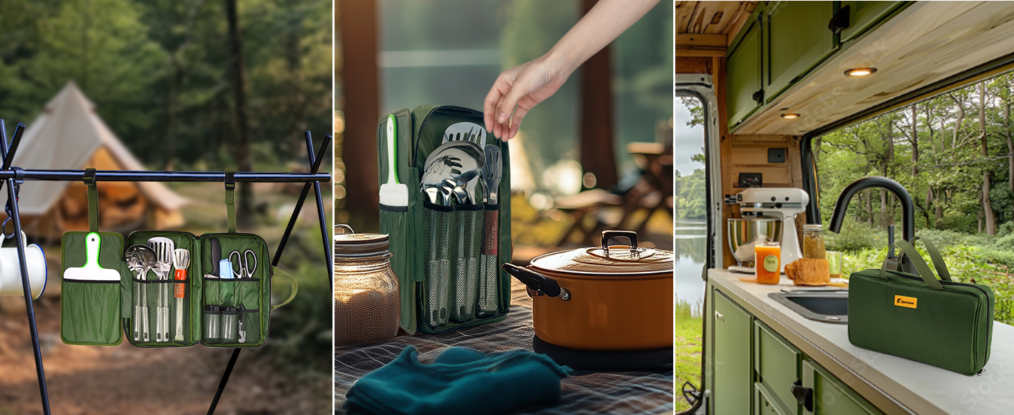 Набір кухонних аксесуарів для кемпінгу Eaststorm з водонепроникною сумкою. Підходить для кемпінгу, альпінізму, походів. Компактний та портативний. Темно-зелений колір.