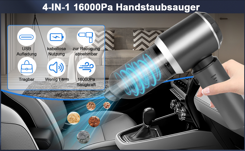 Бездротовий акумуляторний ручний пилосос XWGKLN 16000PA 4-в-1 для дому, авто, кухні, офісу та видалення шерсті тварин