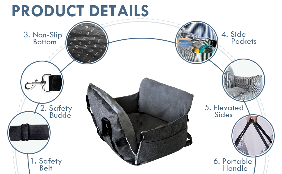 Автокрісло для собак - автокрісло-бустер для маленьких та середніх собак до 18 кг, з ременем безпеки та кишенями для зберігання, антиковзаюча підставка (смужка в морському стилі), сіре, 77x52 см