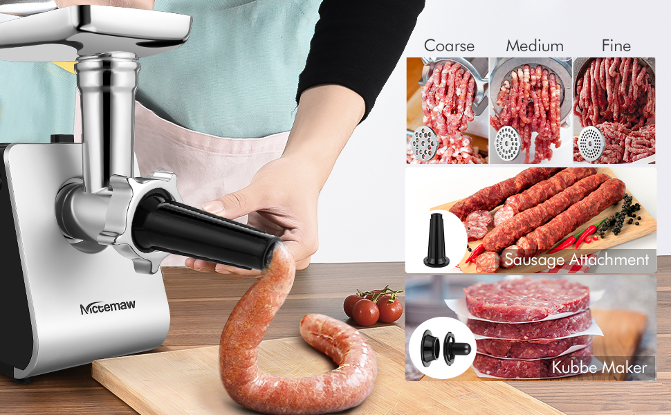 М'ясорубка електрична Profi 2000 Вт з насадками для ковбас, печива та кібе – 3 диски з нержавіючої сталі, 4 ножі. Для м'яса, овочів, сиру та тіста (Срібло)