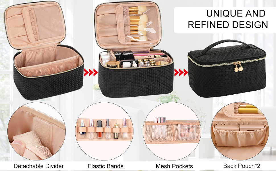 Жіноча косметичка для подорожей, водонепроникна, з відділенням для пензликів, з PU шкіри, велика, органайзер, косметичка для макіяжу (Хвилястий зелений, Елегантний чорний)