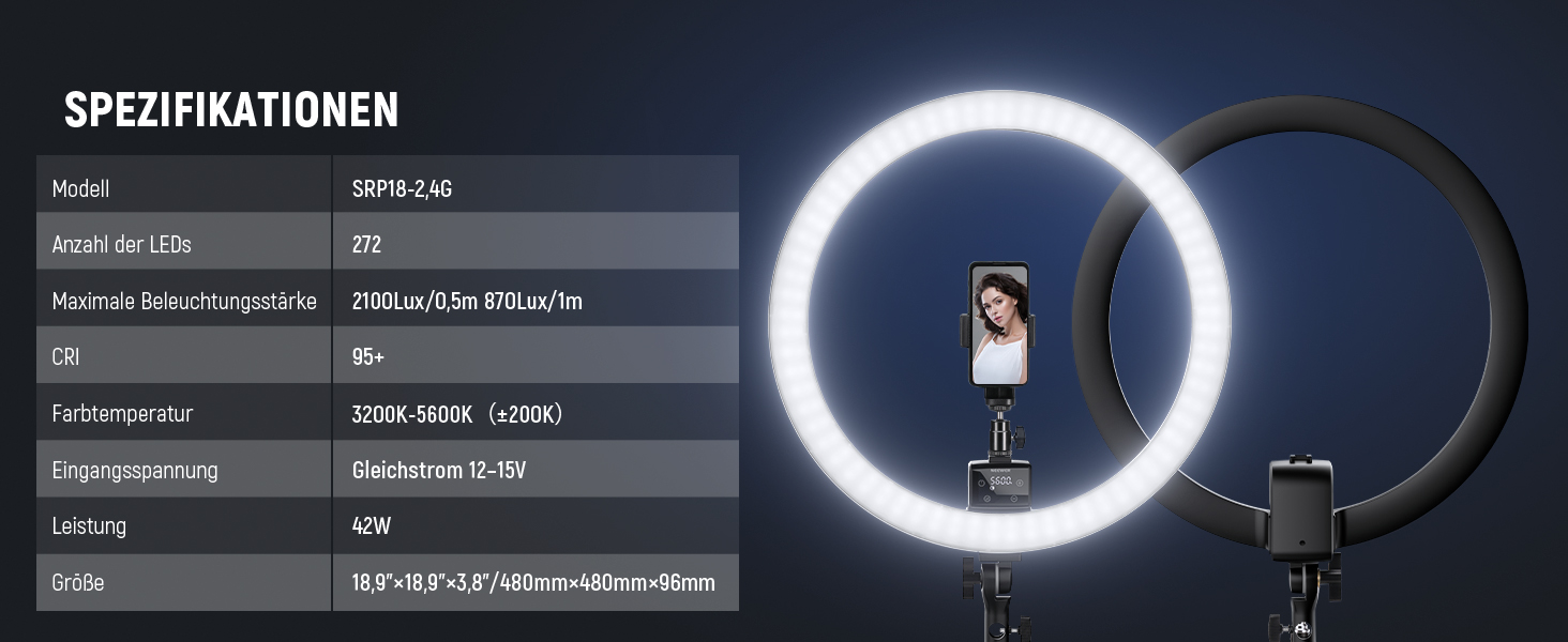 NEEWER Кольцеве світло 20 дюймів LED з триподом та тримачем для телефону, 44 Вт, 3200K-5600K, з акумулятором, USB-живлення для макіяжу, тату, вій, YouTube, TikTok, відеозйомки (SRP18-2.4G)