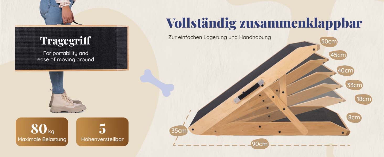 Рампа для собак Hunderampe: регульована дерев'яна пандус для собак маленьких та великих порід - 18-53 см, для ліжка/дивану, з антиковзким покриттям