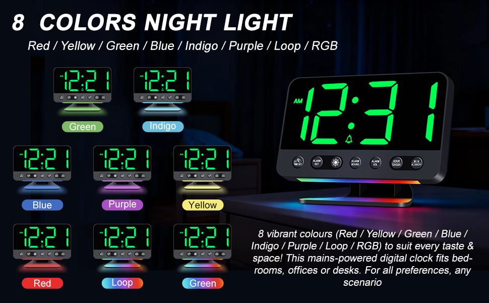 Цифровий будильник LED з RGB-підсвіткою, потужний сигнал 30-110 дБ для міцного сну, USB-порт, функція Snooze, настільний годинник (Зелений)