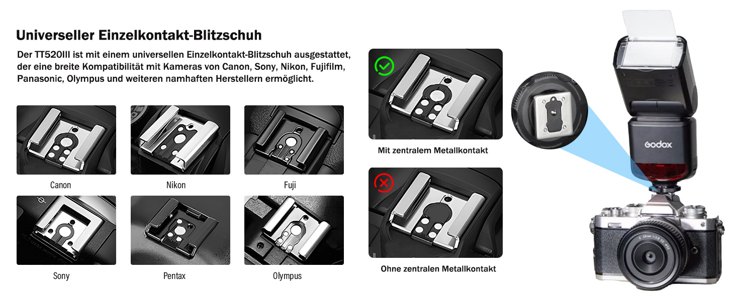 Спалах Godox TT520III: Швидкий, універсальний, сумісний з Canon, Sony, Nikon, Fujifilm, Olympus, Panasonic, Pentax