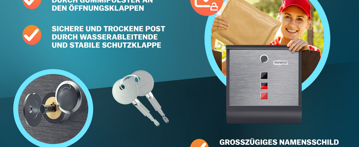 Поштовий ящик Monzana Kreuzschloss з мідним циліндром, поворотна кришка 31x10x34 см, вікно, табличка для імені, відділення для газет, сталь, 2 ключі, чорно-срібний