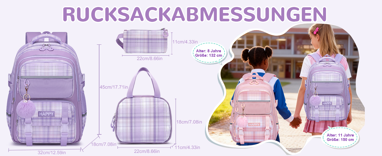 Шкільний рюкзак для дівчаток з візерунком, дихаючий та водовідштовхуючий рюкзак для 1-5 класів (рюкзак для дітей + ізольована ланч-торбинка + пенал, фіолетовий)