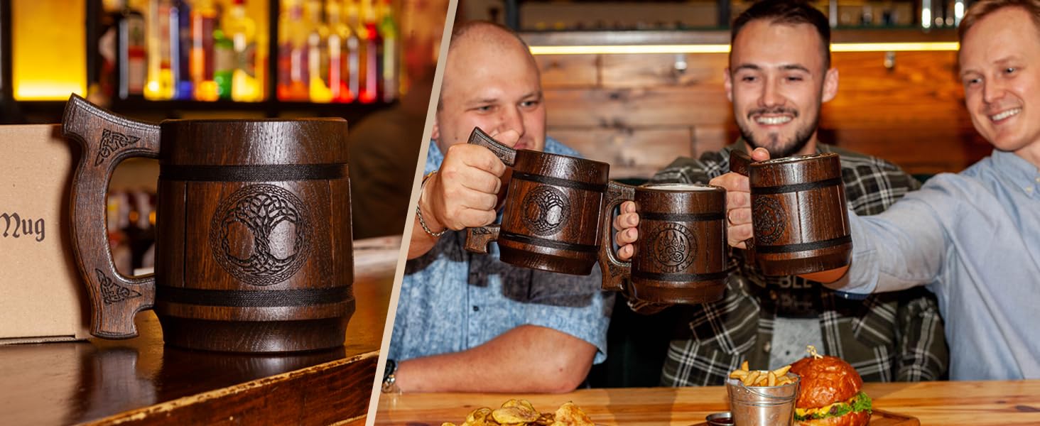 Діжка TESLYAR Вікінг 0.6 л з дуба - середньовічна діжка для пива, кружка, кухоль з гравіюванням молота Тора, руни. Ідеальний подарунок для чоловіків, дерев'яний кухоль.