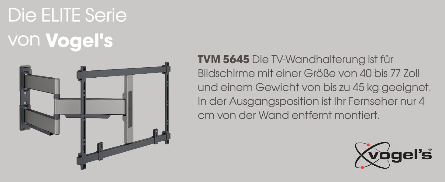 Кріплення для телевізора Vogel's Elite TVM 5445, поворотне, ультратонке, для телевізорів 32-65 дюймів, до 35 кг, поворот до 180°, full-motion, VESA 400x400, універсальне, білий/чорний
