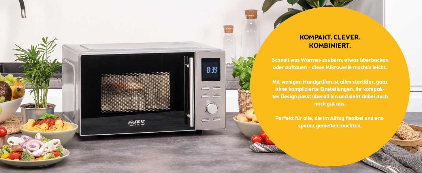 Мікрохвильова піч з грилем TZS First Austria 20L - 2-в-1, 700/800W, 8 програм, LED-дисплей, нержавіюча сталь, дитячий замок