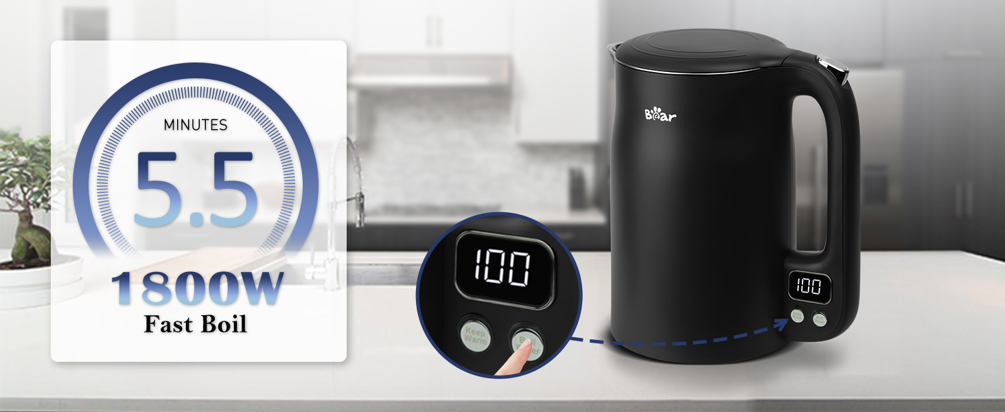 Bear 1.7L Stainless Steel Electric Kettle with Precise Temperature Control (40°C - 100°C), 1800W, Boil-Dry Protection, Double Anti-Scald, BPA-Free, LCD Display