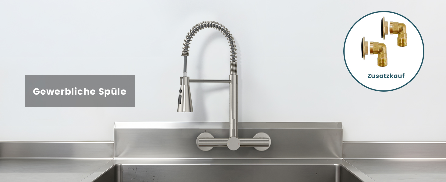 Змішувач кухонний настінний DAYONE з висувною лійкою, нержавіюча сталь, 3 режими, 360° обертання, відстань між отворами 15 см, матовий