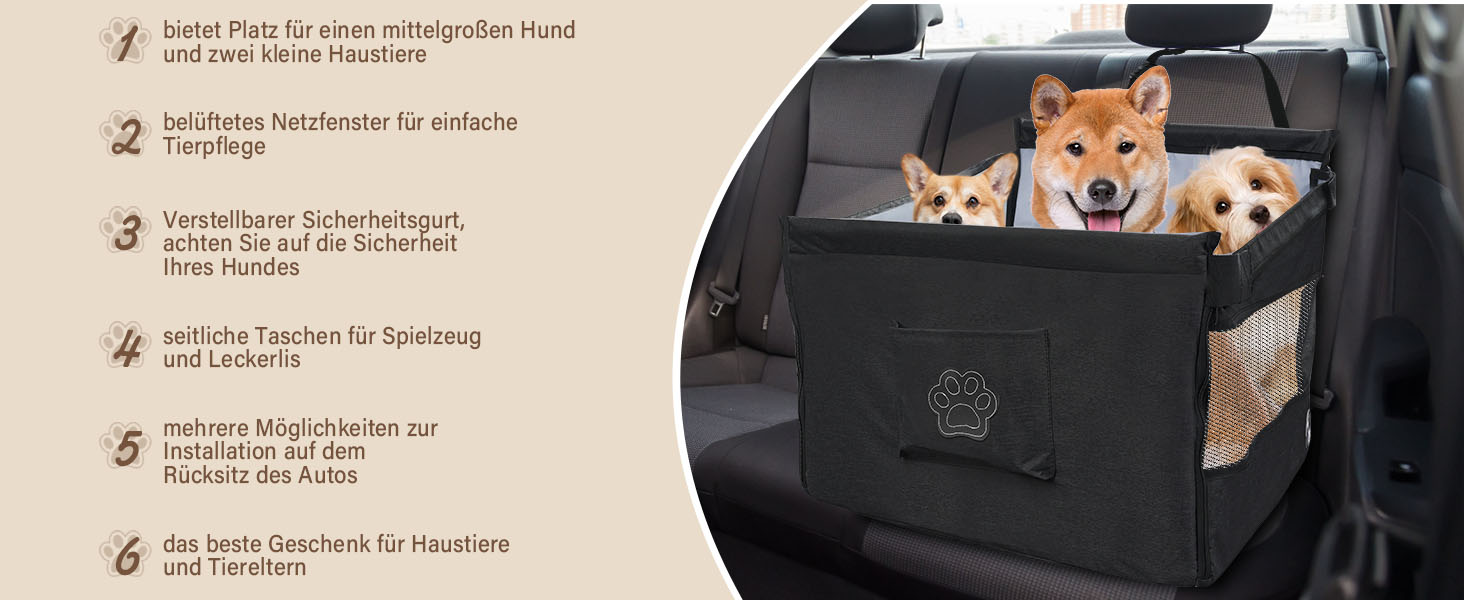 Автокрісло для собак - водовідштовхувальне автокрісло для маленьких та середніх собак з сітчастим вікном та ременем безпеки - складаний кошик для собак в авто для будь-якого розміру (Чорний)