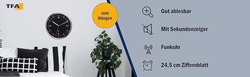 TFA Dostmann Wall Clock, 60.3544.01, No Ticking Sound, Kitchen Wall Clock, Analog, Glass Stainless Steel Black-Silver, 245 x 41 mm