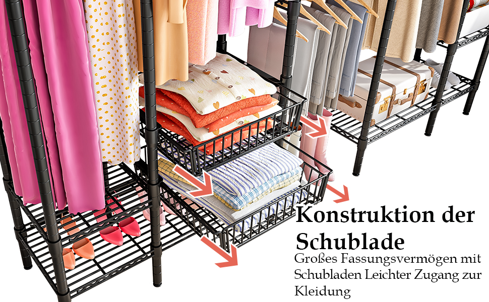 Важкий металевий вішак для одягу, розширюваний відкритий шафа для одягу з 2 висувними кошиками, (249-297) x 40 x 192 см (Чорний)