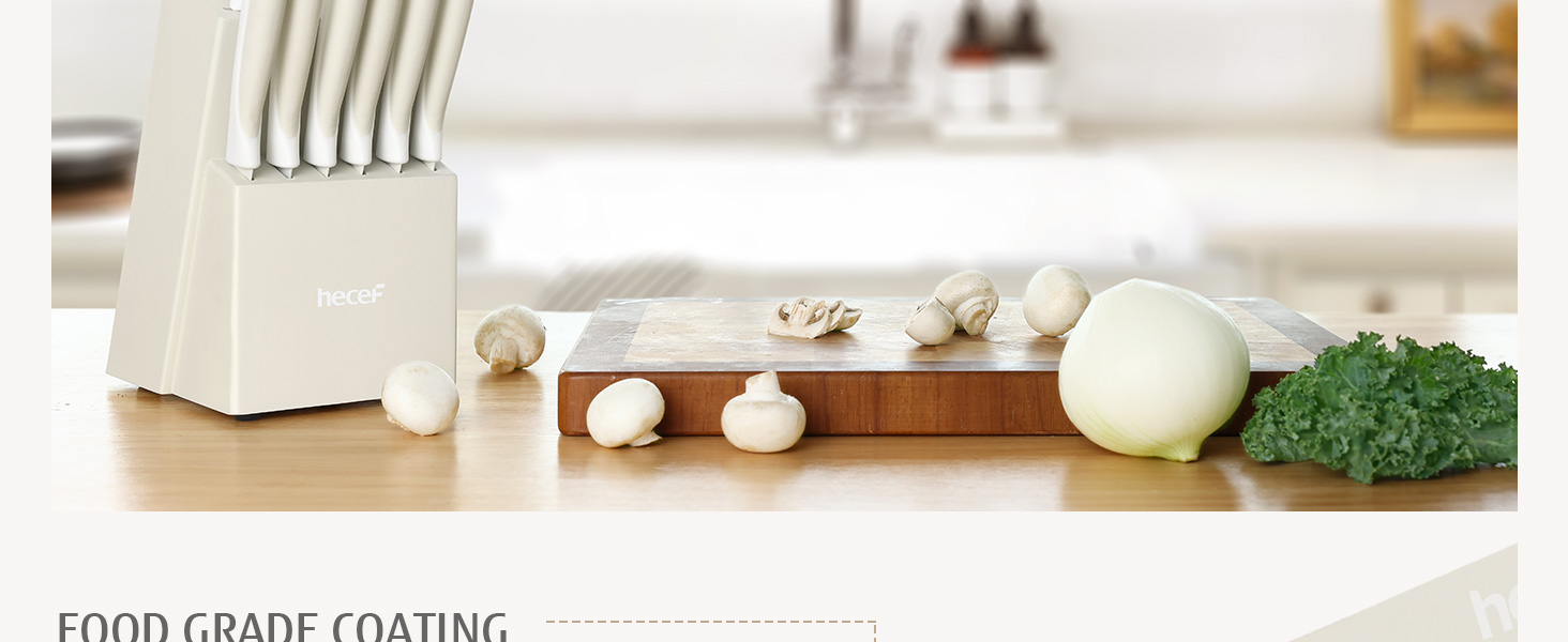 Набір ножів Hecef 14 предметів з бруском, кремового кольору, з антипригарним покриттям. Самозаточувальний ніжний блок, ергономічні ручки, компактний набір ножів для будь-якої кухні, безпечний для миття в посудомийній машині.