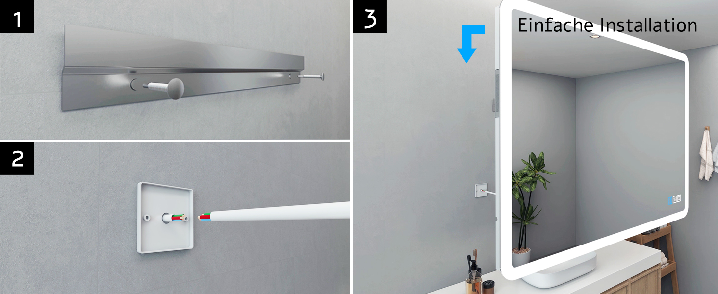 MIQU LED дзеркало для ванної кімнати з підсвічуванням 60x50 см, велике дзеркало для ванної кімнати з сенсорним регулюванням, тепле/біле світло, антизапар, настінне дзеркало для ванної кімнати, туалету, коридору, прямокутне з округлими кутами (3 кольори світла + Bluetooth + розетка, 60L x 80B см)