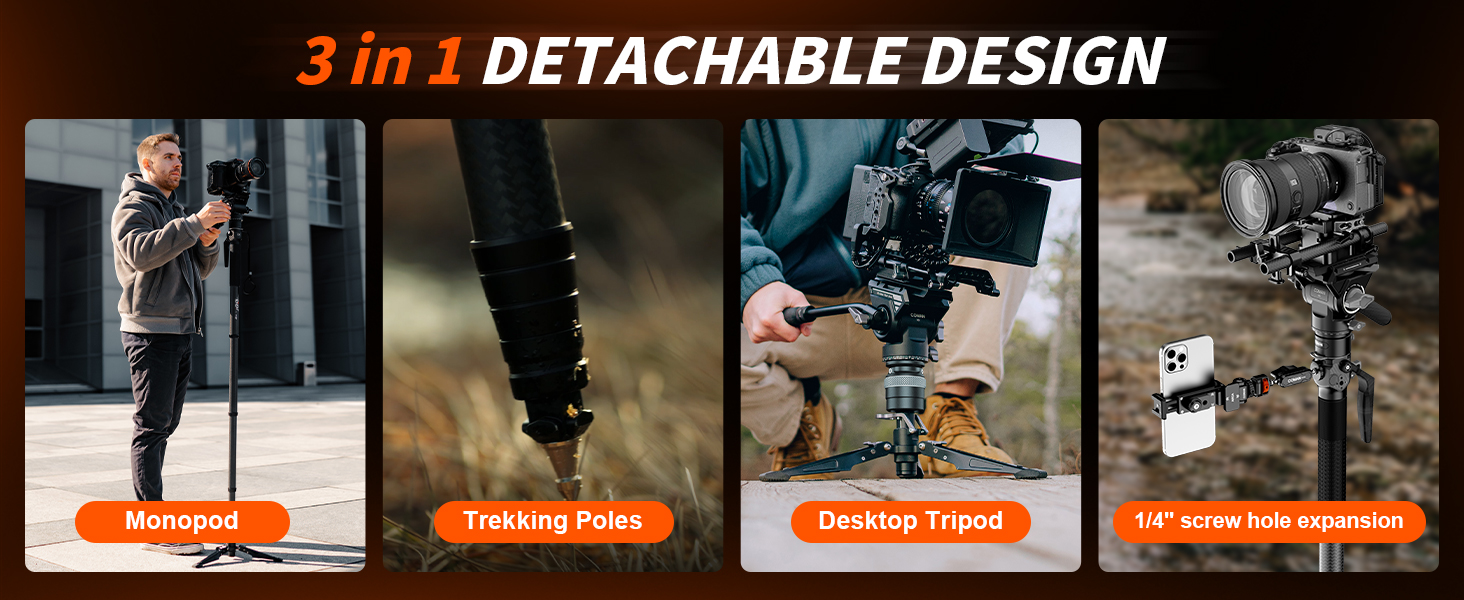 Монопод COMAN M1S з підставкою, 165 см, карбонове волокно, 360° поворотна голова, для камер Sony, Canon, Nikon, DSLR, максимальне навантаження 10 кг