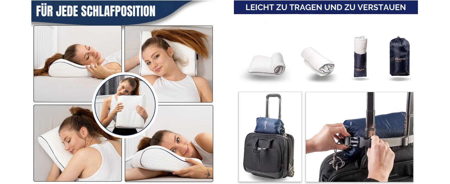 Подушка для подорожей Alkamto: ергономічна подушка з memory foam та регульованою температурою, Oeko-Tex Made IN Green (біла, 35x30x10/8 см)