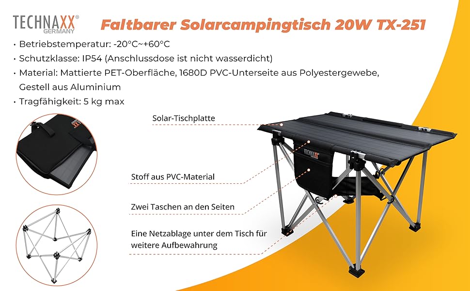 Сонячний кемпінговий стіл Technaxx 60W зі складаною панеллю та USB-зарядкою (TX-251)