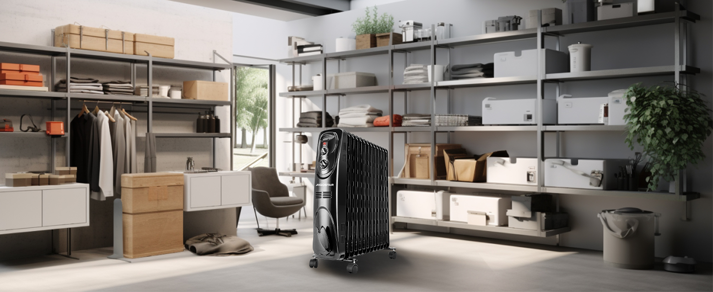 Електричний масляний радіатор Aigostar 2500 Вт з 13 ребрами, 3 режими, термостат, захист від перекидання та перегріву, чорний