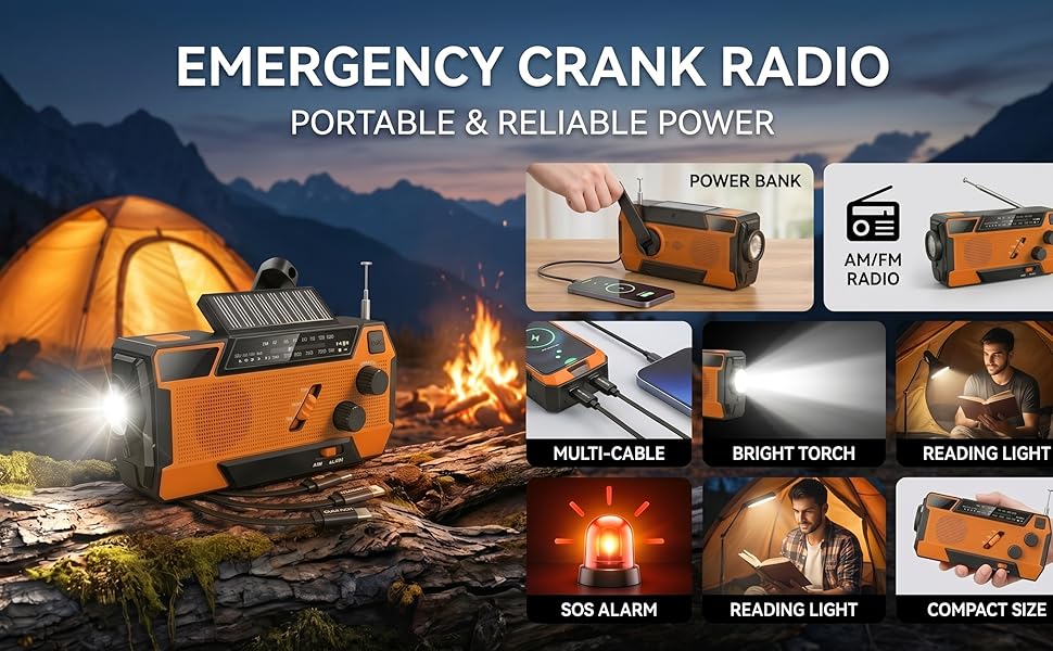 Радіо на батарейках/сонячній енергії з ручним генератором, Power Bank 2000mAh, AM/FM, SOS-сигнал, ліхтарик для кемпінгу та дому