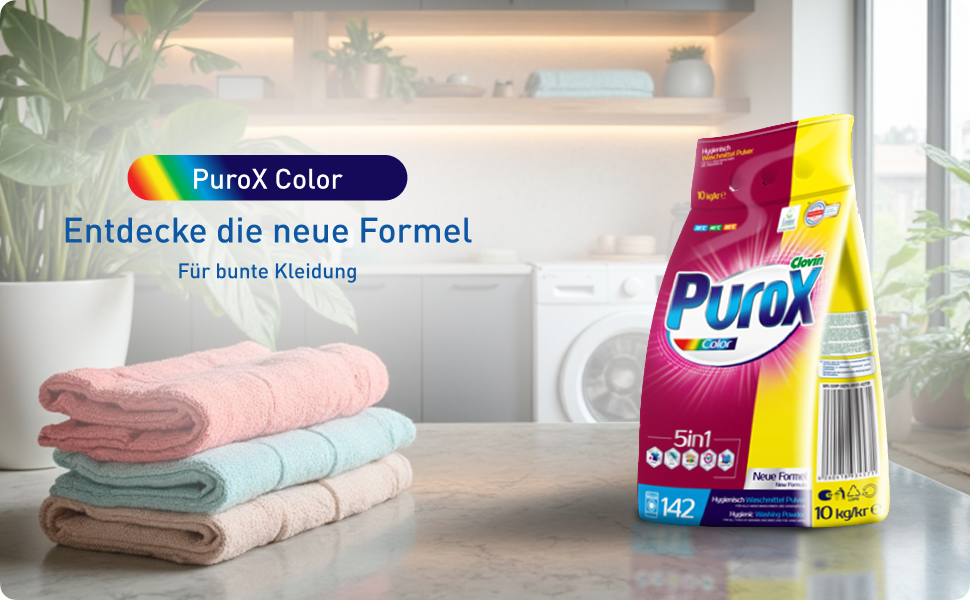 Пральний порошок для кольорових речей PUROX Color, 10 кг, 142 прання, у м'якій упаковці