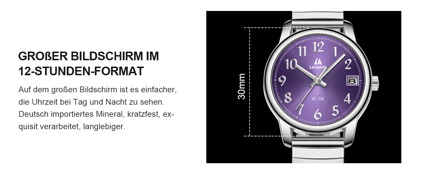 Жіночий годинник LN LENQIN: Водонепроникні годинники для жінок з нержавіючої сталі, кварцовий механізм, регульований браслет (сріблястий, фіолетовий)