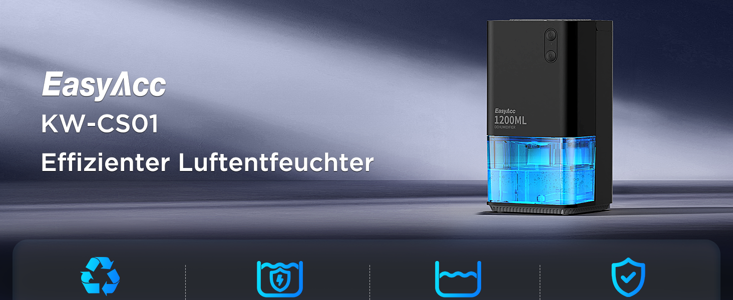 EasyAcc Електричний осушувач повітря 1200 мл, компактний, тихий, портативний, з автовимкненням та режимом сну. Ідеально для дому та офісу (чорний)