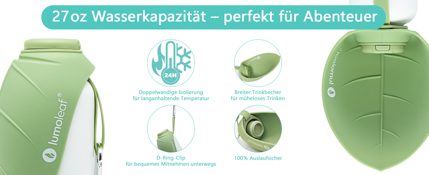 Термофляга для собак LumoLeaf з нержавіючої сталі, 800 мл, зелена - зберігає воду холодною/теплою, довговічна, портативна