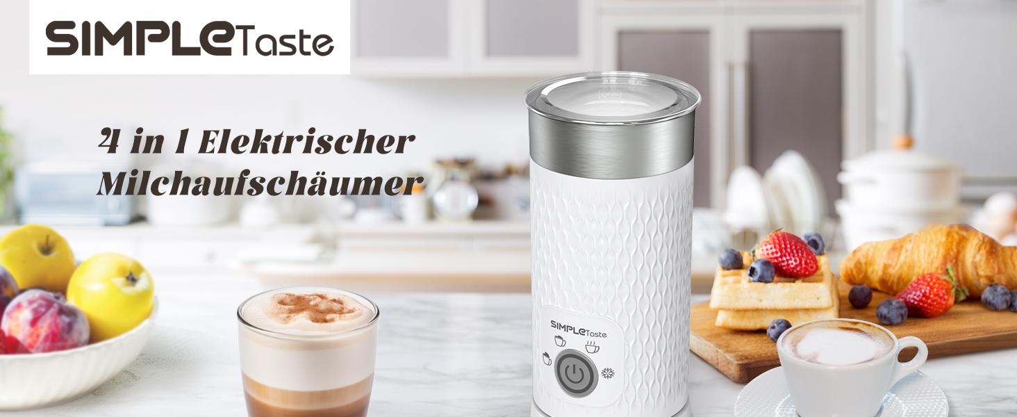 SIMPLETASTE Електричний спінювач молока 4-в-1: нагрів, спінювання гарячого/холодного молока, автоматичне вимкнення, білий